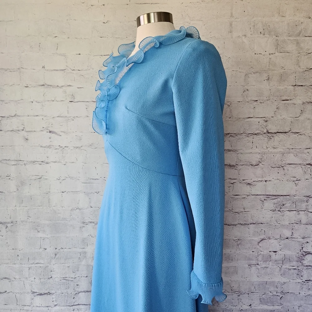 Vintage 70s Sky Blue Micropleat Ruffle Long Sleeve Maxi Dress ILGWU Madein USA - Picture 4 of 12